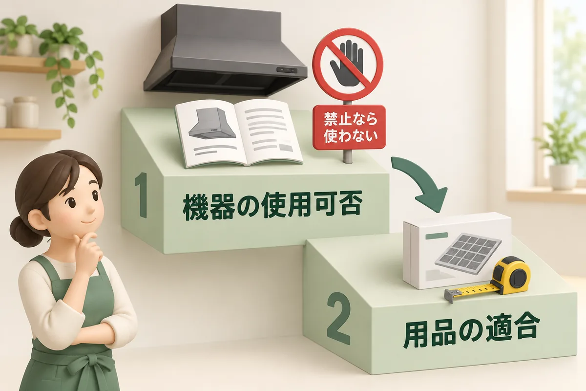 機器側の使用可否を先に見て、その後用品の適合を確認する図