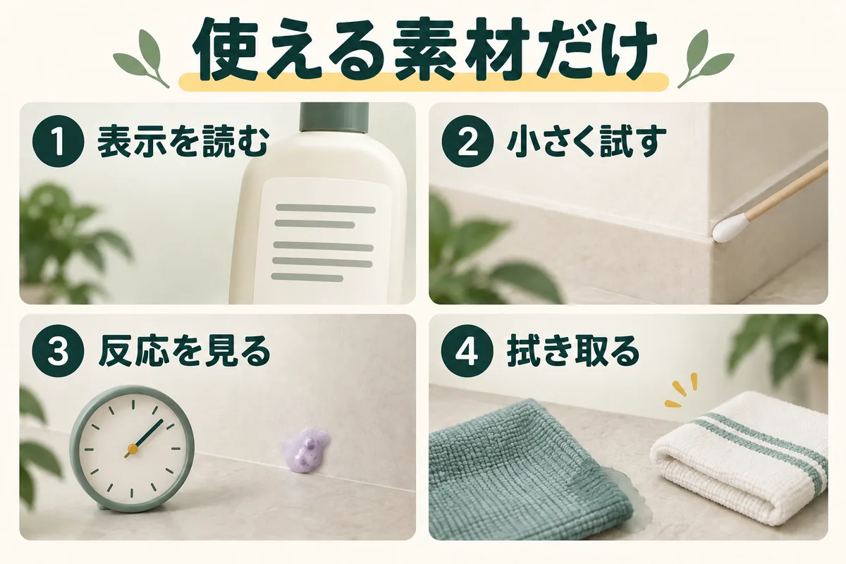サビ取り剤の表示、試し洗い、反応確認、拭き取りを示す図