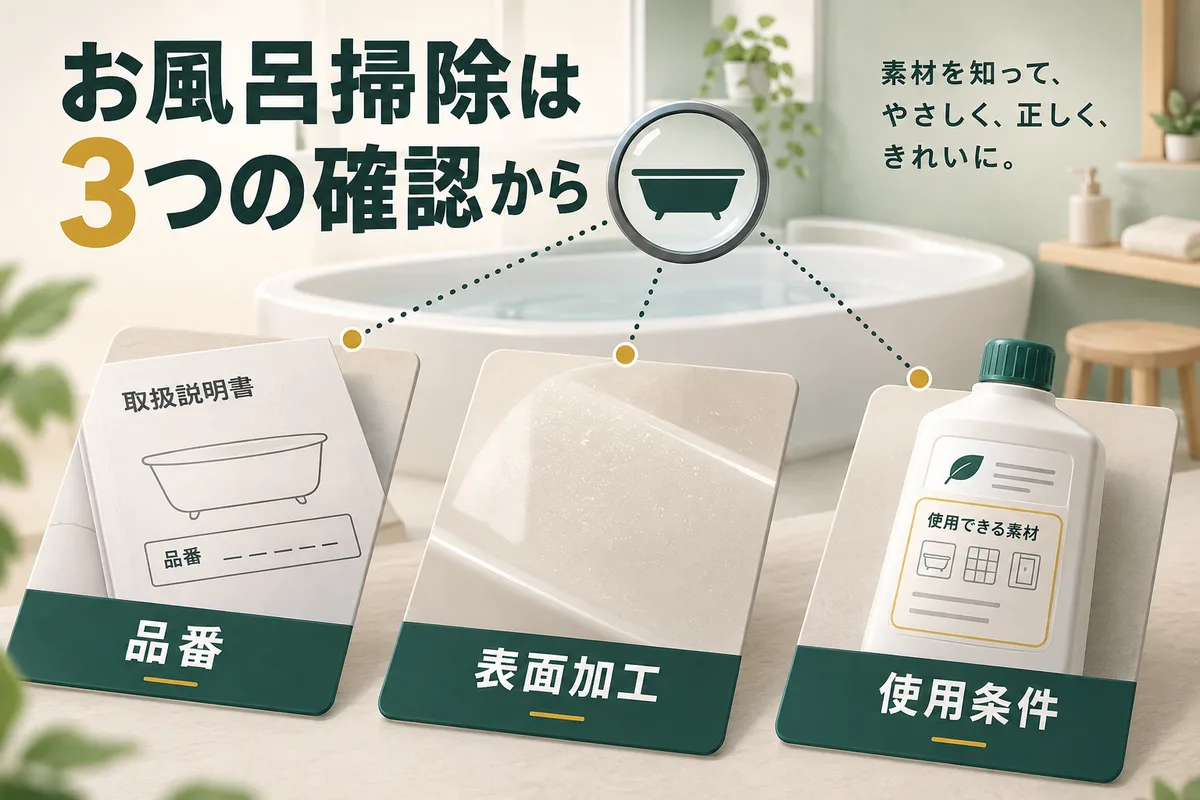 浴槽の型番、表面加工、洗剤表示を照合する三つの札の図