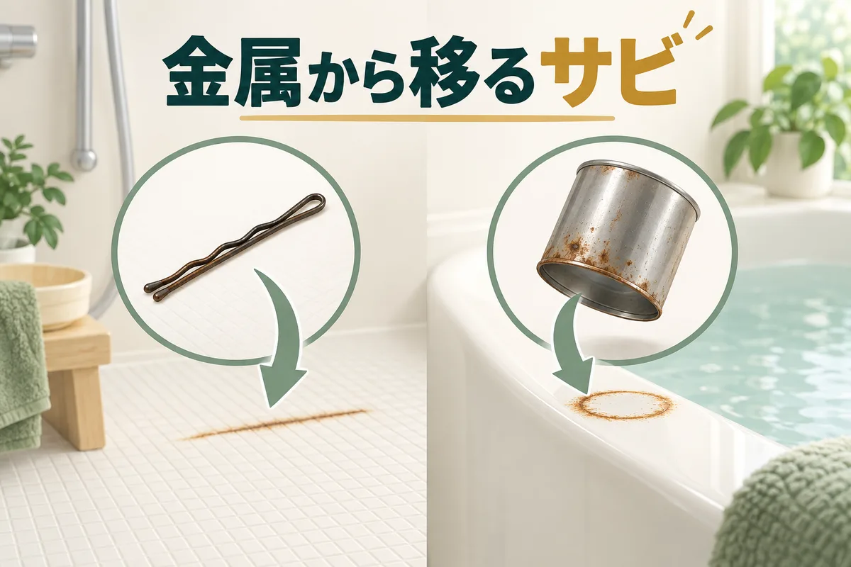 金属の缶やヘアピンから浴槽へサビの跡が移る概念図
