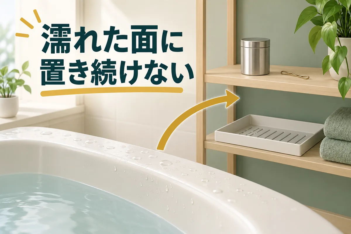 金属缶を濡れる浴槽の縁から乾いた保管場所へ移す図