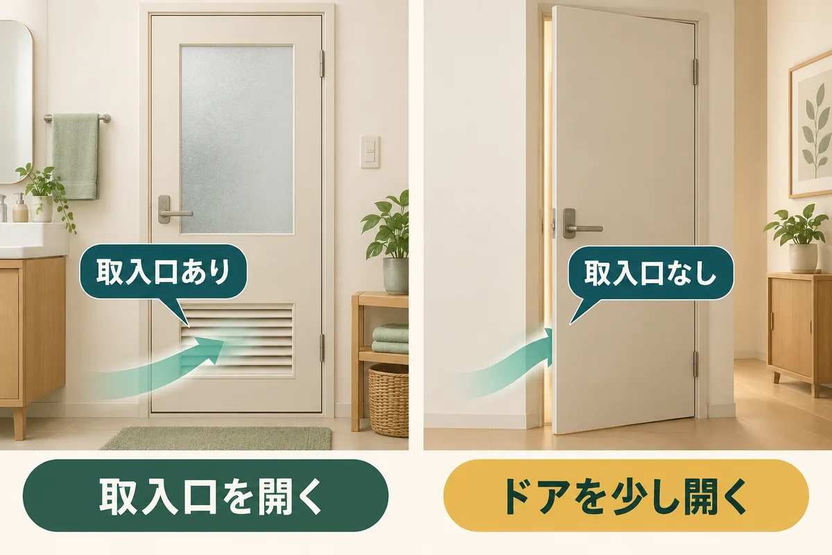 給気口のある閉じたドアと、給気口のない少し開けたドアを比べる図