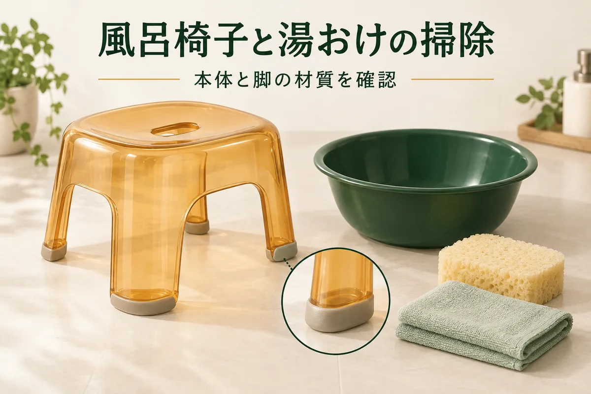 風呂椅子と湯おけの本体・脚を見て洗い方を選ぶイラスト