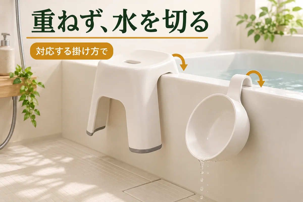 対応する掛け方で椅子と湯おけを離して水を切る図