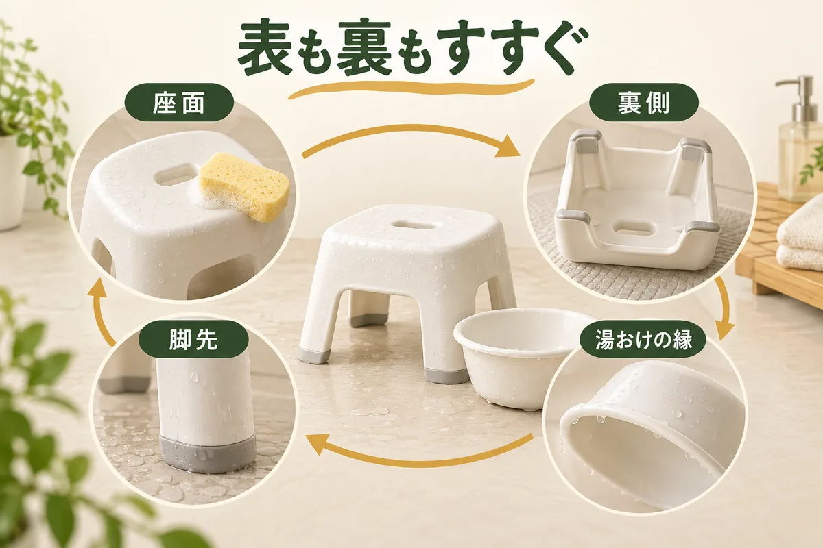 座面、裏側、脚先、湯おけの縁を順に洗ってすすぐ図