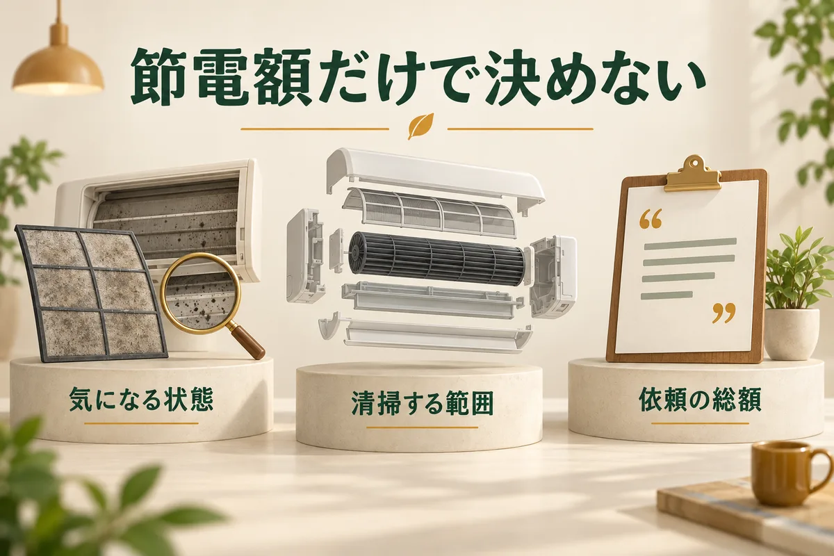 清掃する部品、依頼総額、臭いや汚れの状態を並べた判断図