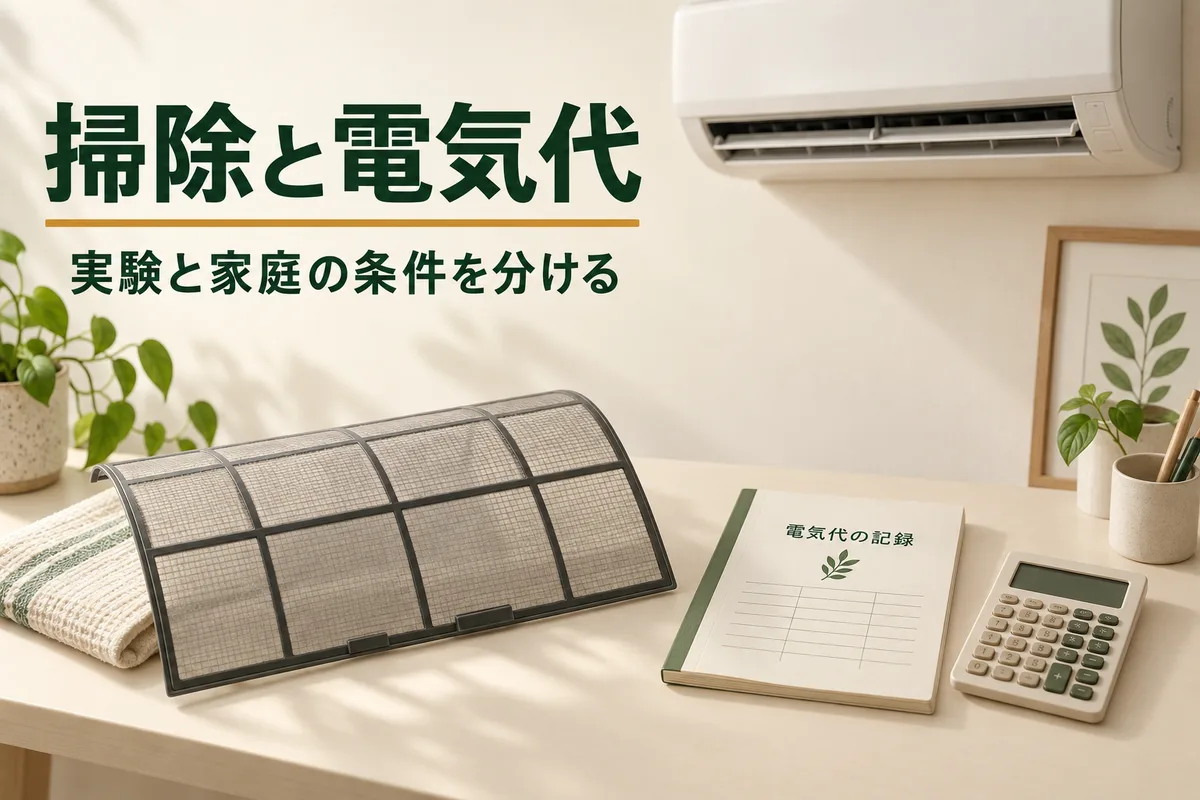 エアコンのフィルターと電気代の記録帳、電卓を並べたイラスト