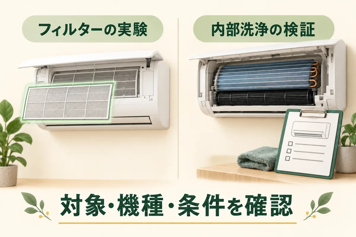 フィルターの比較実験と内部洗浄の比較実験を別枠で示す図