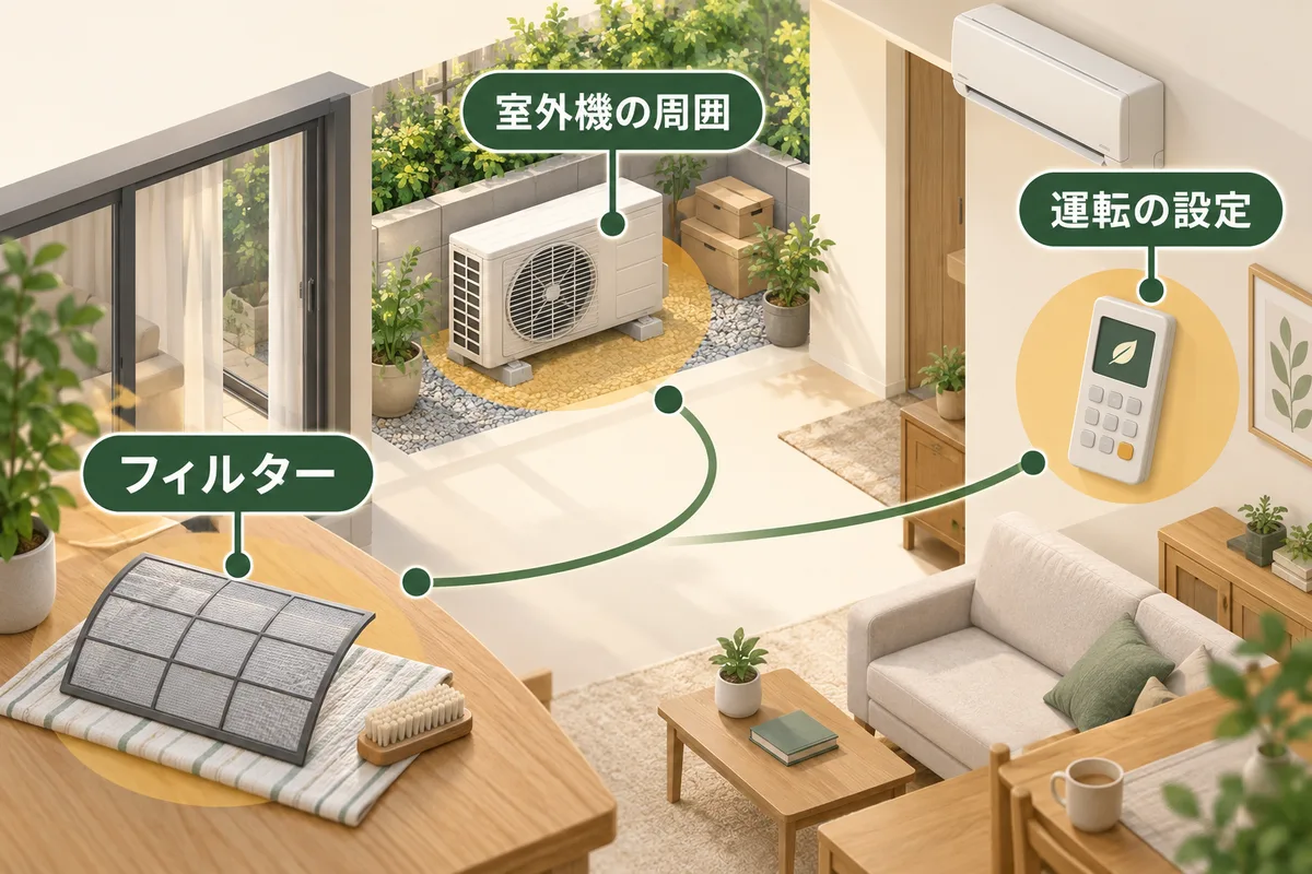 フィルター、室外機周囲、リモコン設定の三つを確認する図