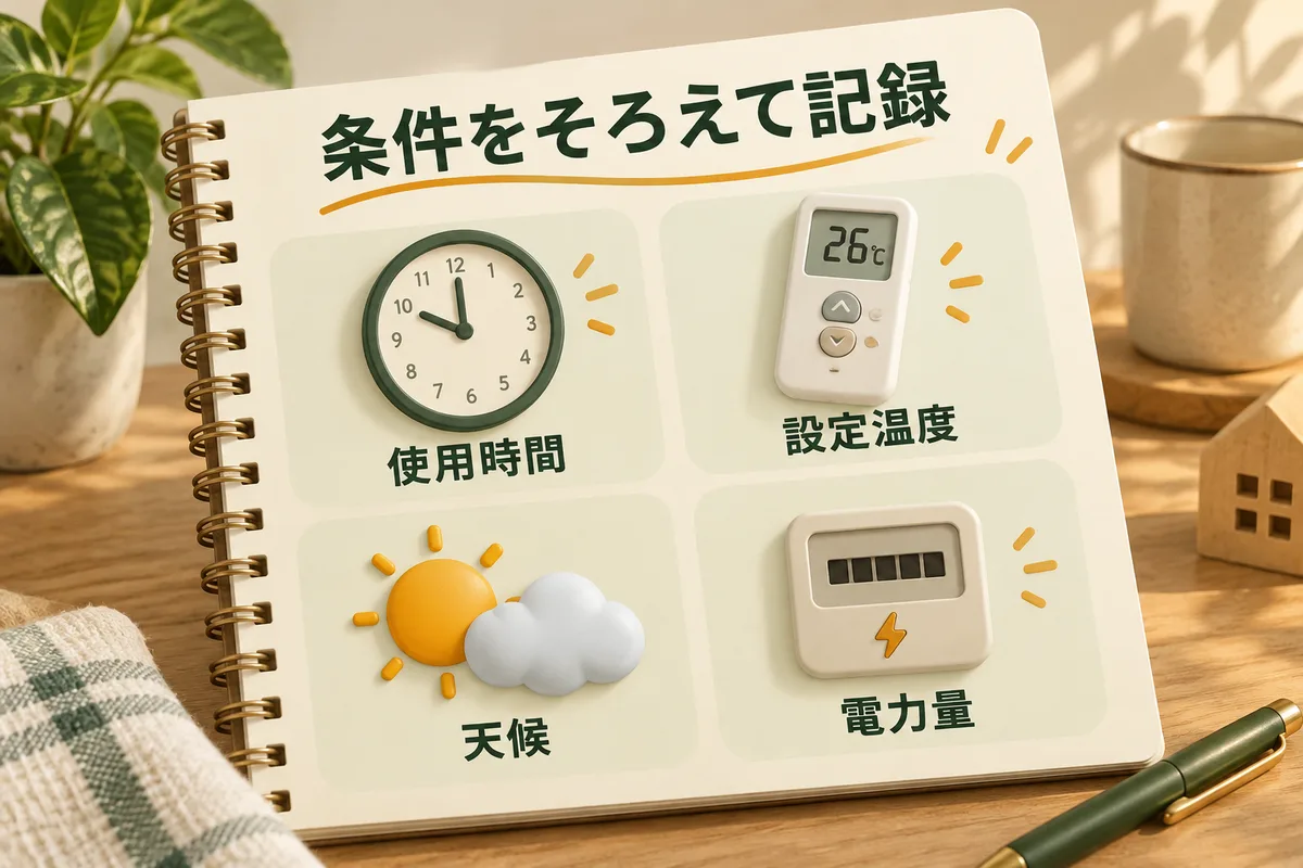 使用時間、設定温度、天候、電力量を記録する比較ノート