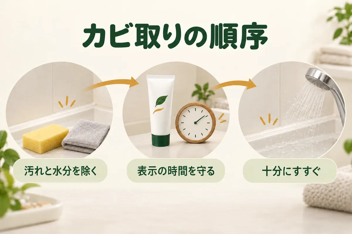 汚れと水分を除く、製品表示を見る、指定時間後に流す三段階の図
