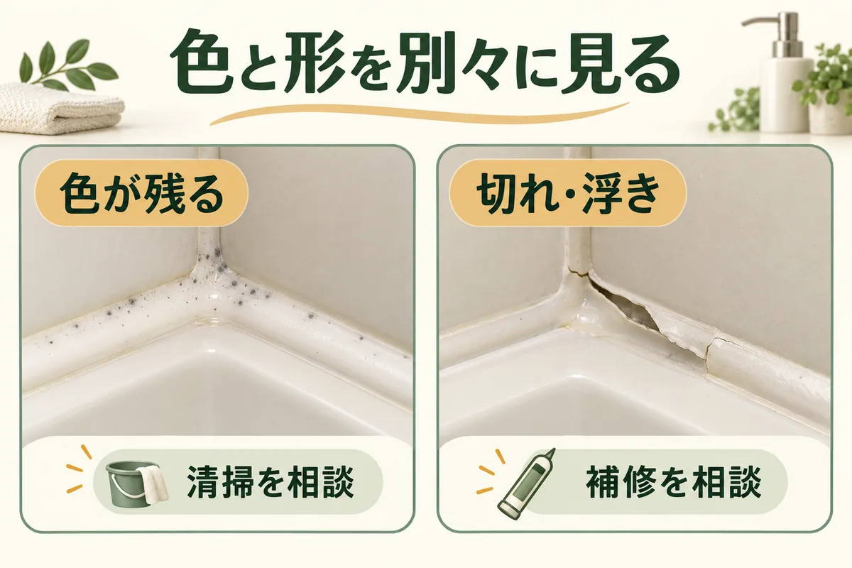 黒い色残りとシーリングの切れ・浮きを分けて確認する拡大図