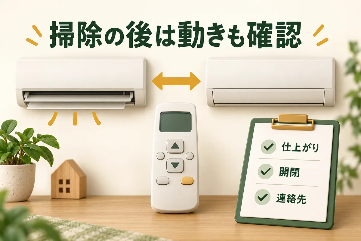 清掃後の仕上がり、風向板の開閉、連絡先を確認する図