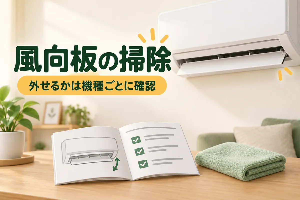 風向板を強調したエアコンと説明書、柔らかい布のイラスト