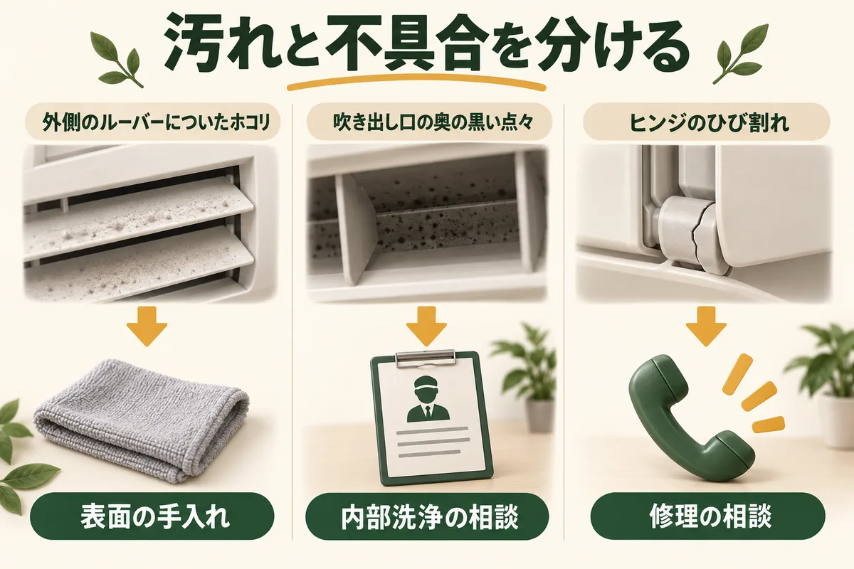 表面のほこり、内部の汚れ、割れた風向板を三つの相談先へ分ける図