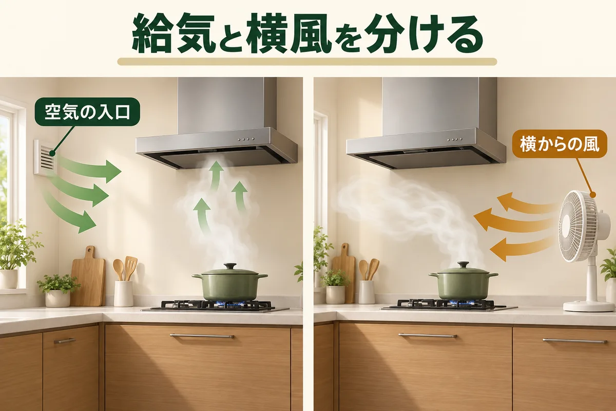 給気口から入る空気と調理の湯気を横へ流す風を区別した図