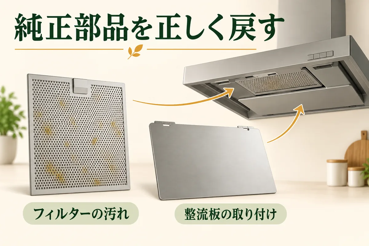純正フィルターの油汚れと整流板の取り付け位置を別に確認する図