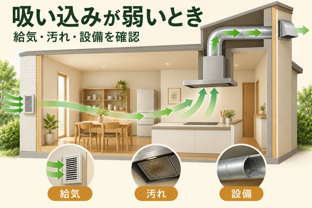 給気口からレンジフードを通って屋外へ流れる空気を示すキッチンの図