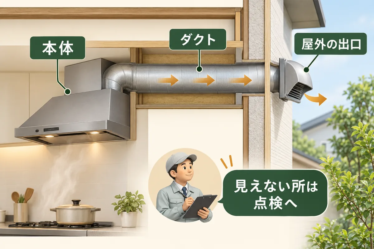 室内のレンジフード、壁内ダクト、屋外出口を分けた点検範囲図