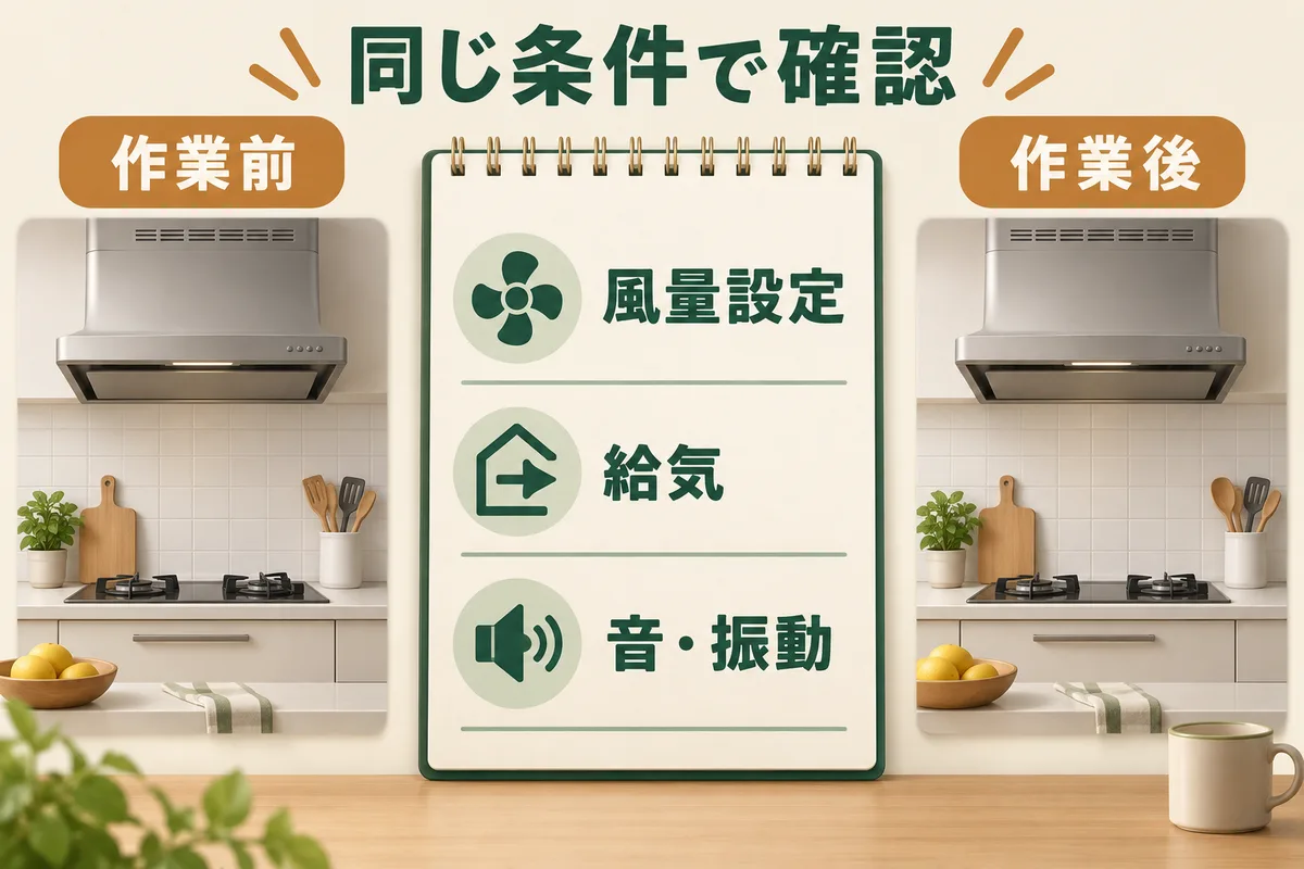 作業前後で風量設定・給気・音や振動を同じ条件で確かめる図