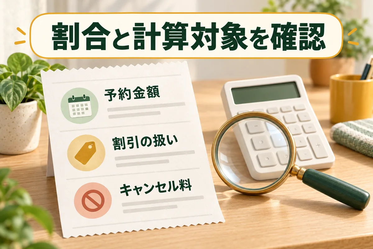 予約金額、割引の扱い、キャンセル料を確認するメモと計算機