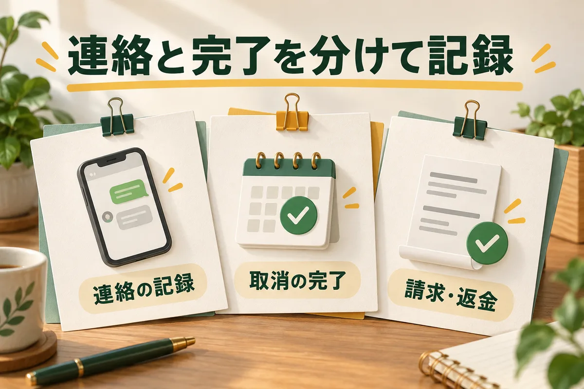 連絡記録、取消完了、返金・請求確認の三つの書類
