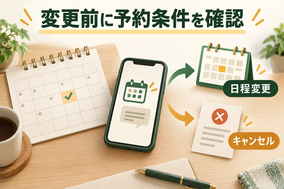 予約カレンダーと変更・キャンセルの二つの選択を示すイラスト