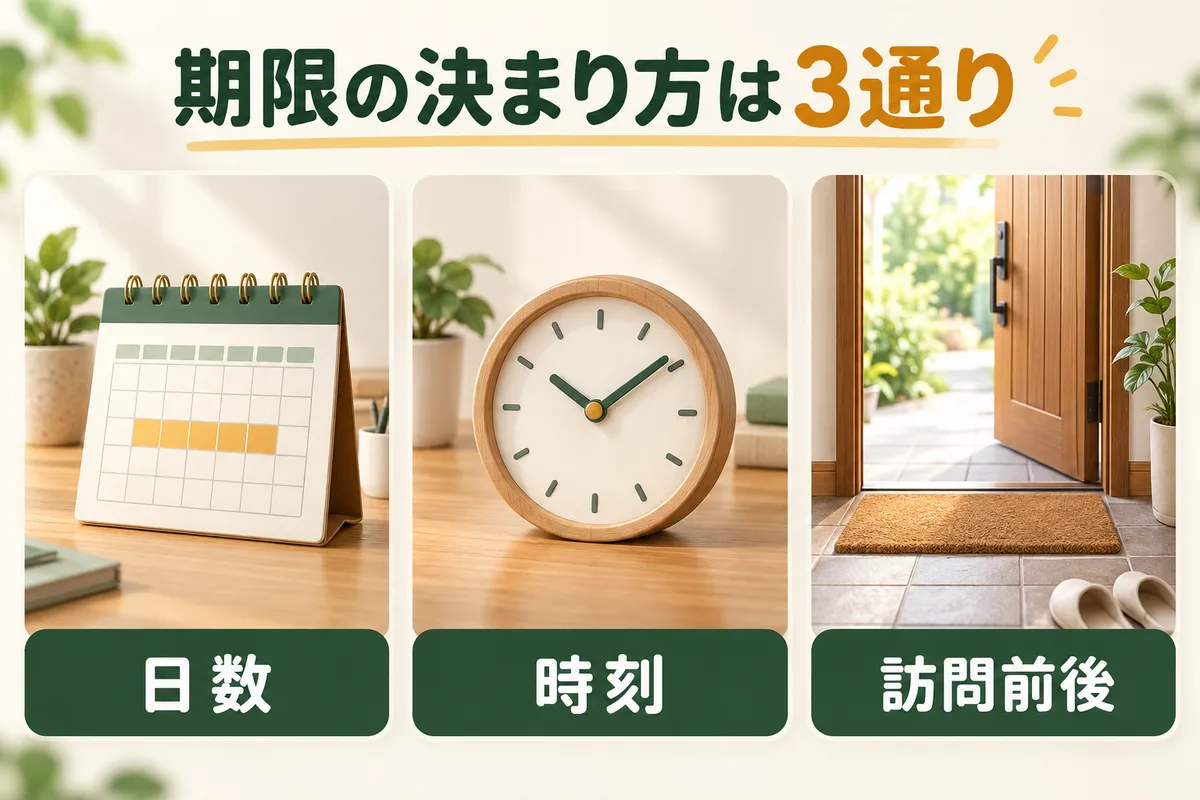 日数で決まる期限、時刻で決まる期限、訪問で分かれる期限の図