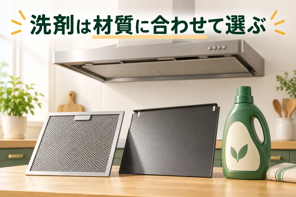 レンジフードと金属フィルター、塗装された板状部品、洗剤ボトルのイラスト