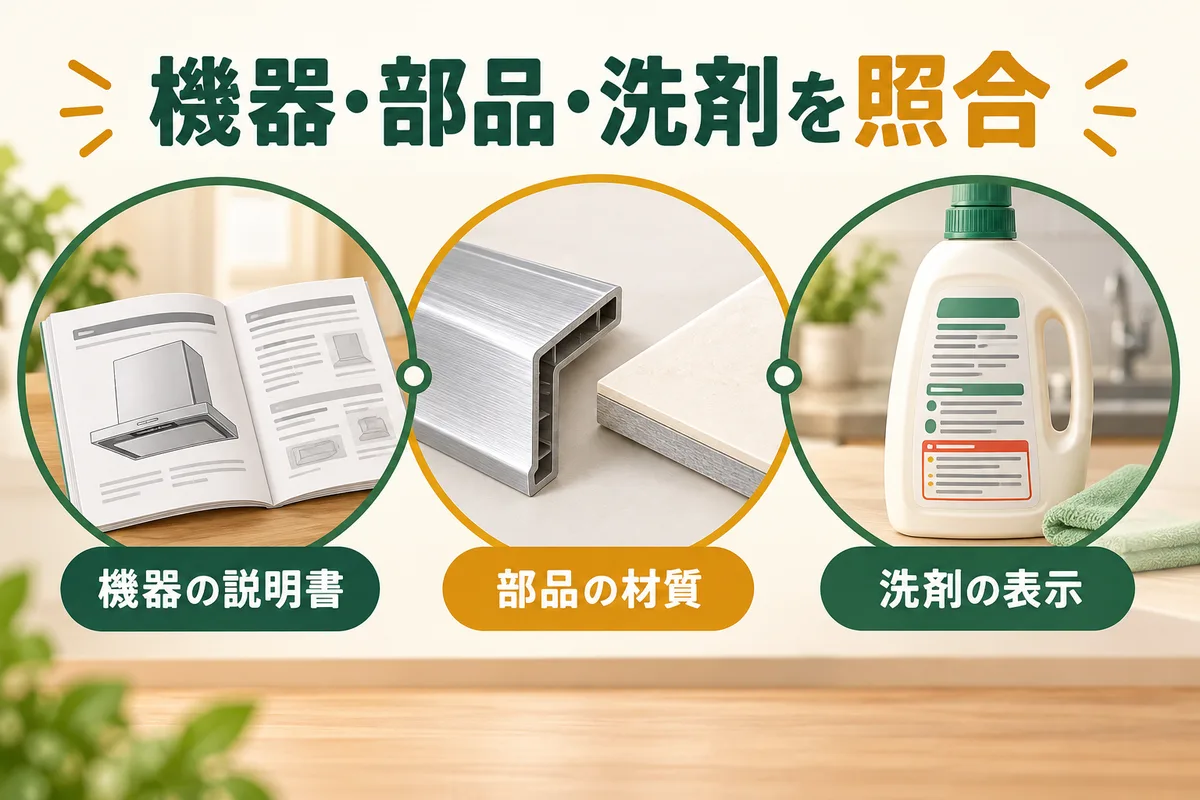 機器説明書、部品の表面、洗剤裏面の三つを照合する図