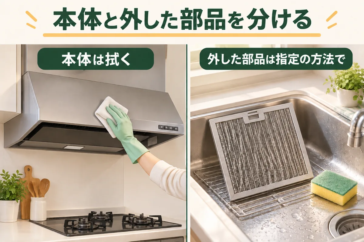 取り付けた本体への布拭きと、外した部品の別洗いを対比する図