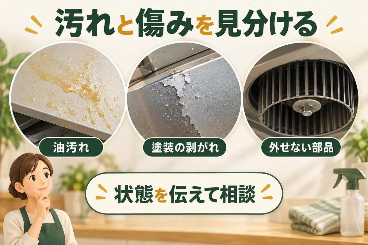 油汚れ、剥がれた塗装、外せないファンを見分けて相談する図
