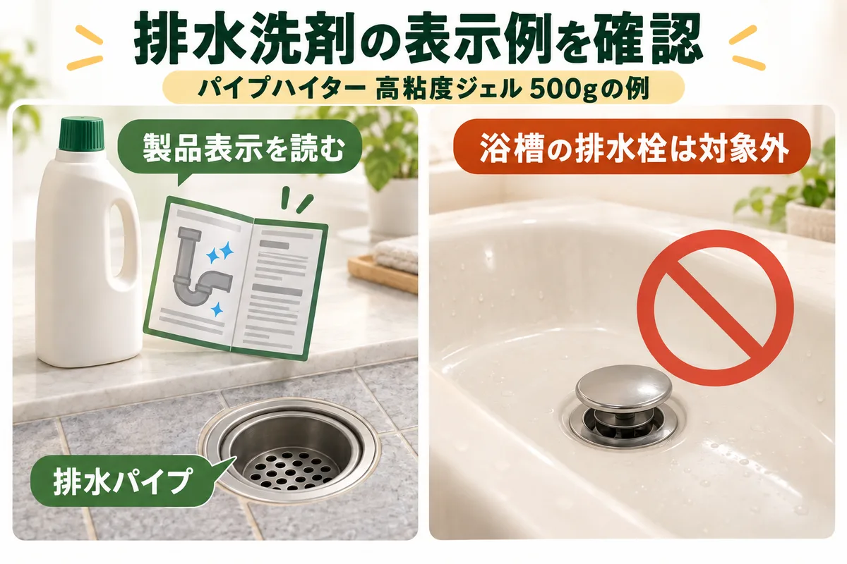 パイプハイター高粘度ジェル500gの表示例として、排水パイプと対象外の浴槽排水栓を分けた図