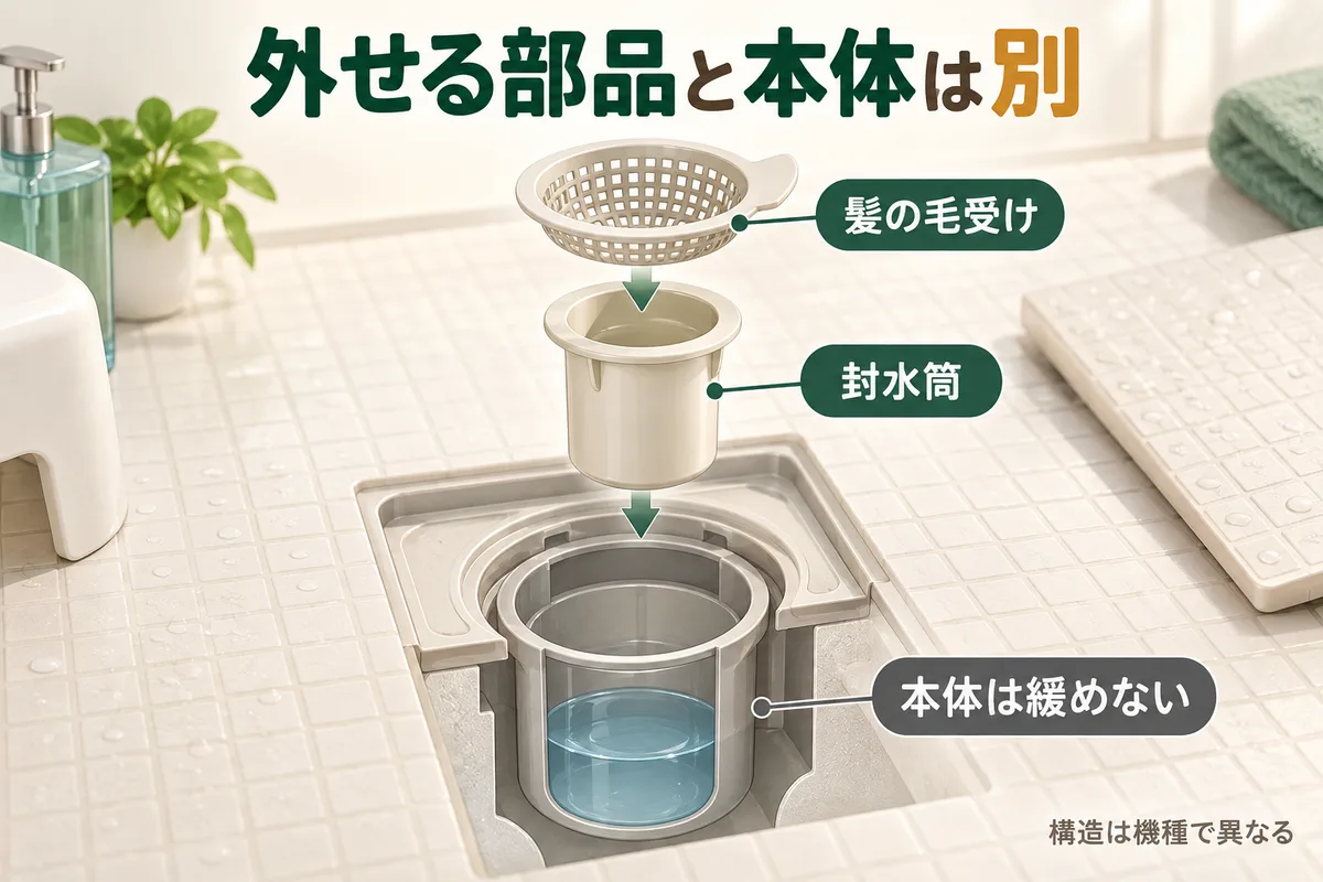 取り外せる髪の毛受けと封水筒、緩めないトラップ本体の概念図