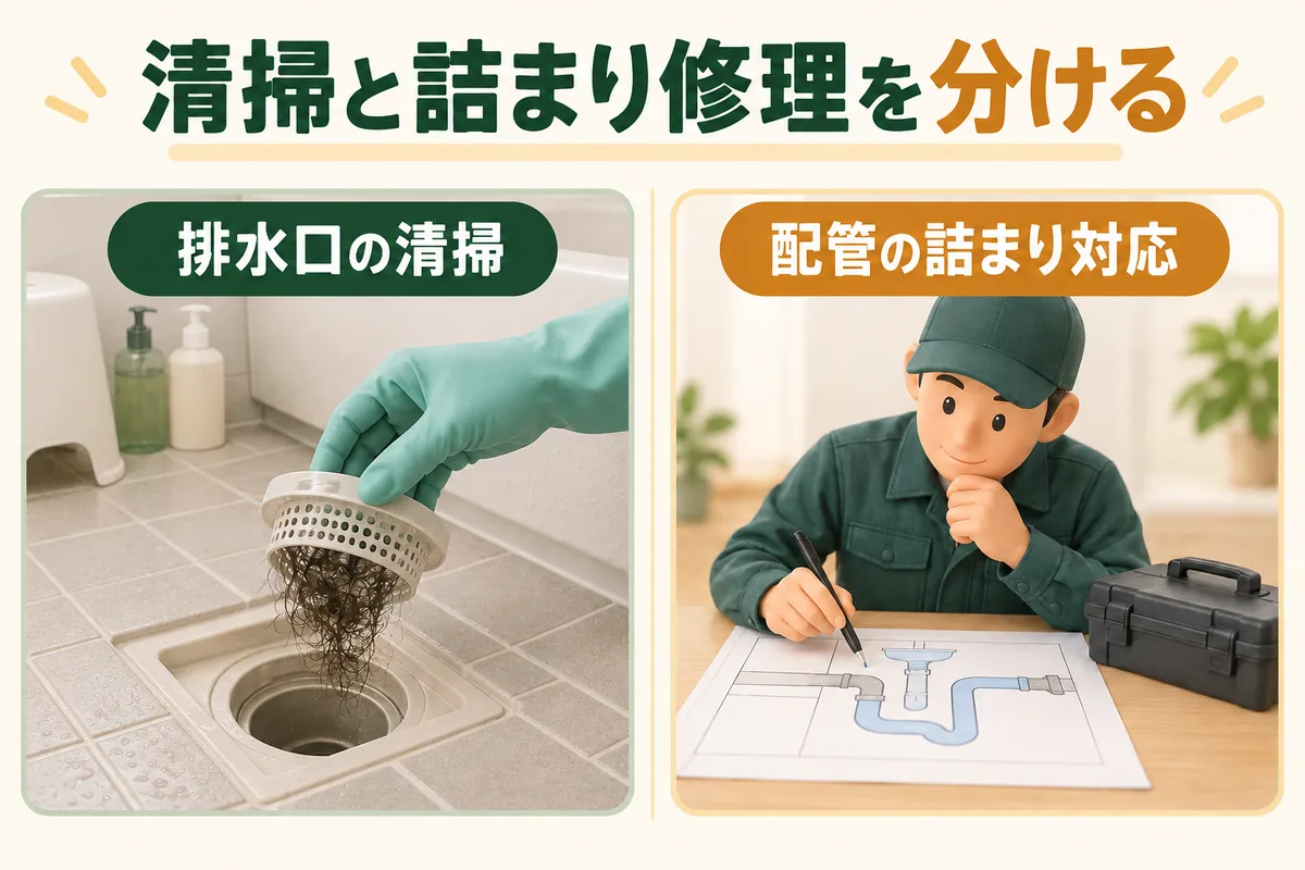 浴室床の髪の毛受けの清掃と、配管の詰まり相談を分けた図