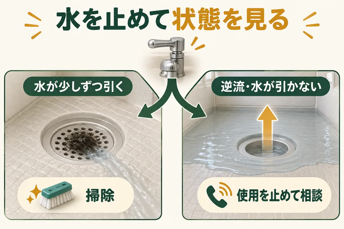 水が少しずつ引く場合と、逆流する場合・水が引かない場合を分ける判断図