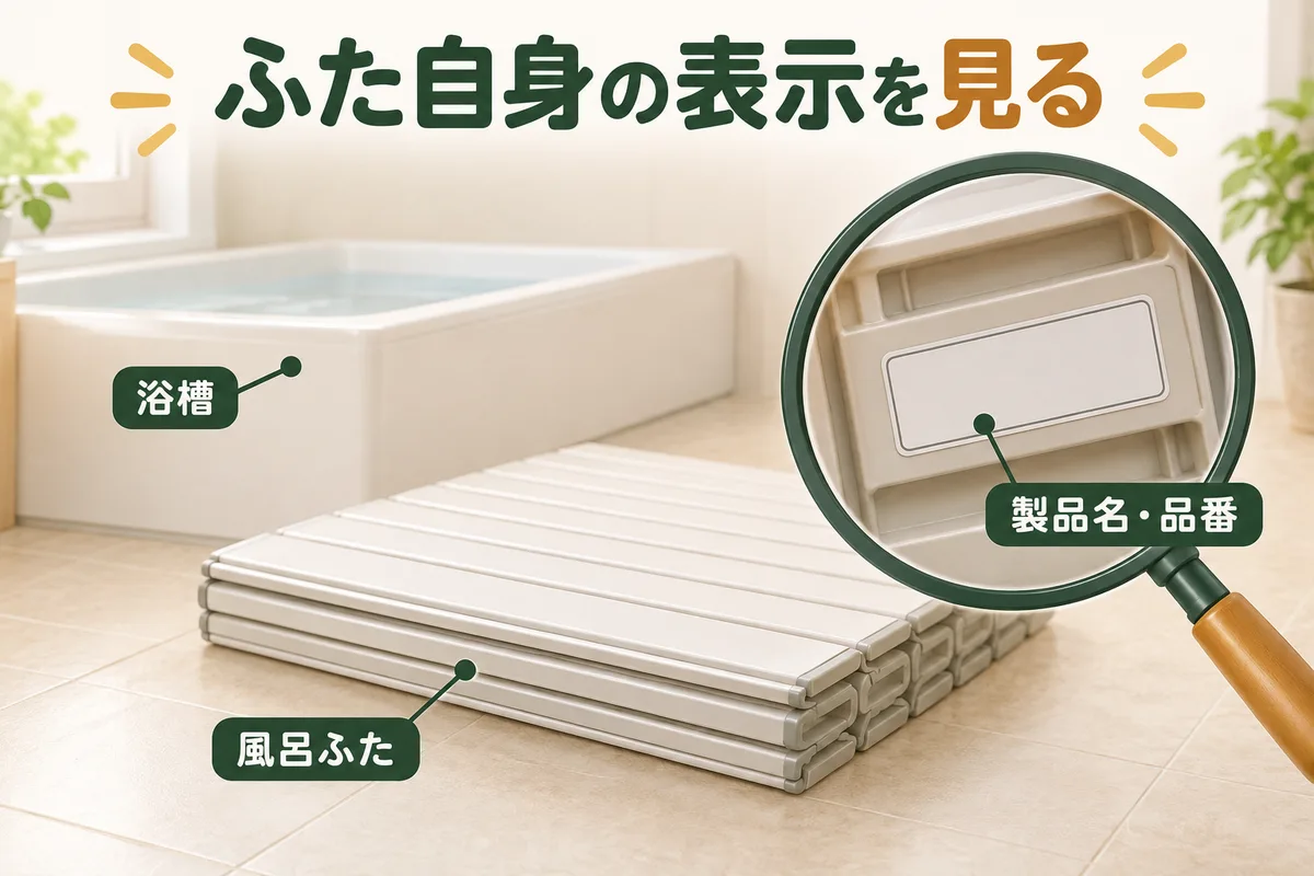 浴槽とは別に風呂ふたの裏面表示を拡大し、製品名と品番を確認する図