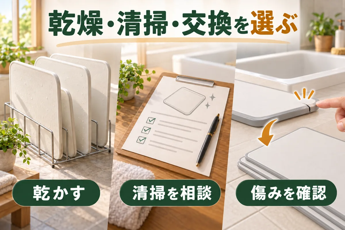 風呂ふたの乾燥、清掃相談、傷みの確認を並べた図