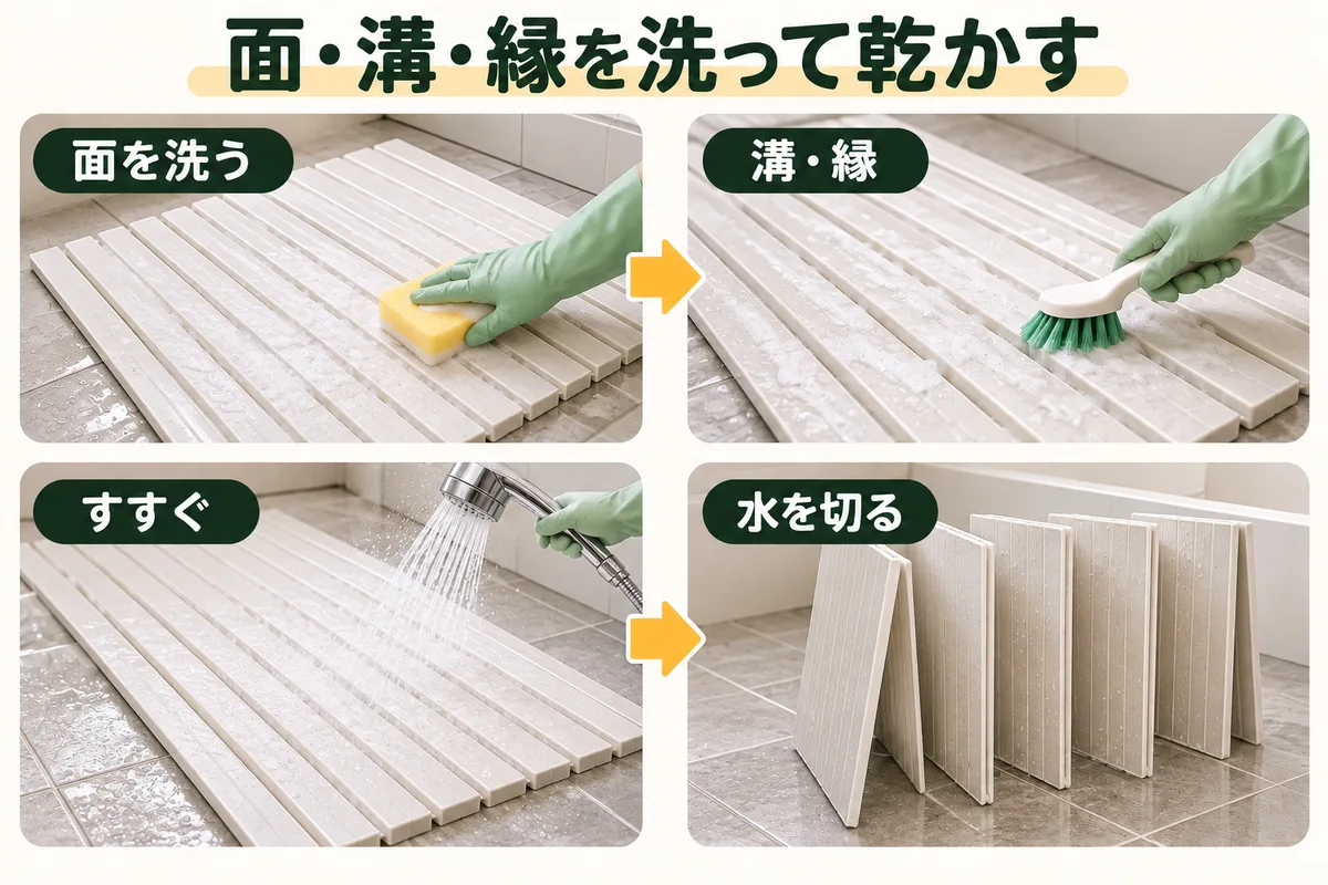 平らな面をスポンジ、溝を軟らかいブラシで洗い、広げて乾かす図