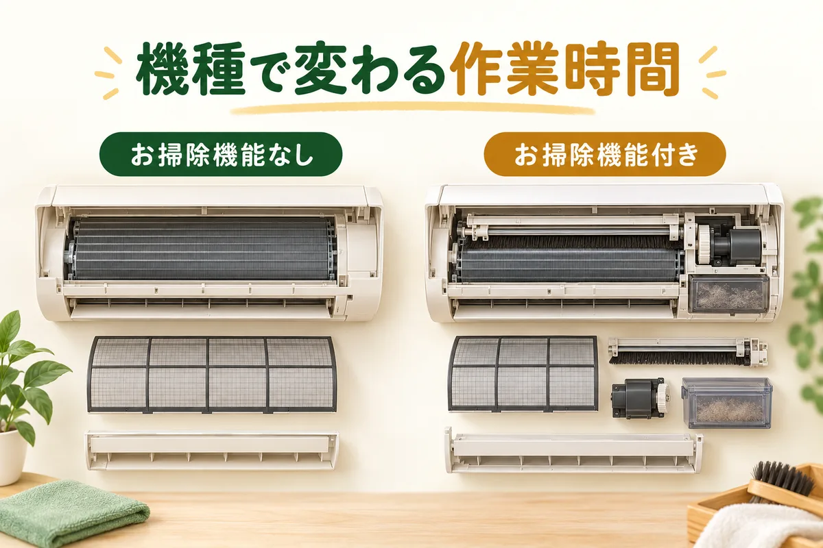 お掃除機能なしと機能付きで必要な作業が変わる図