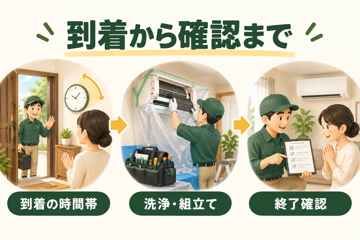 到着時間帯と作業、終了確認を分けた横長の予定図