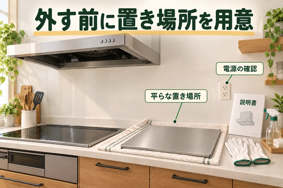 消灯したレンジフードと説明書、保護した平らな置き場所を示す図