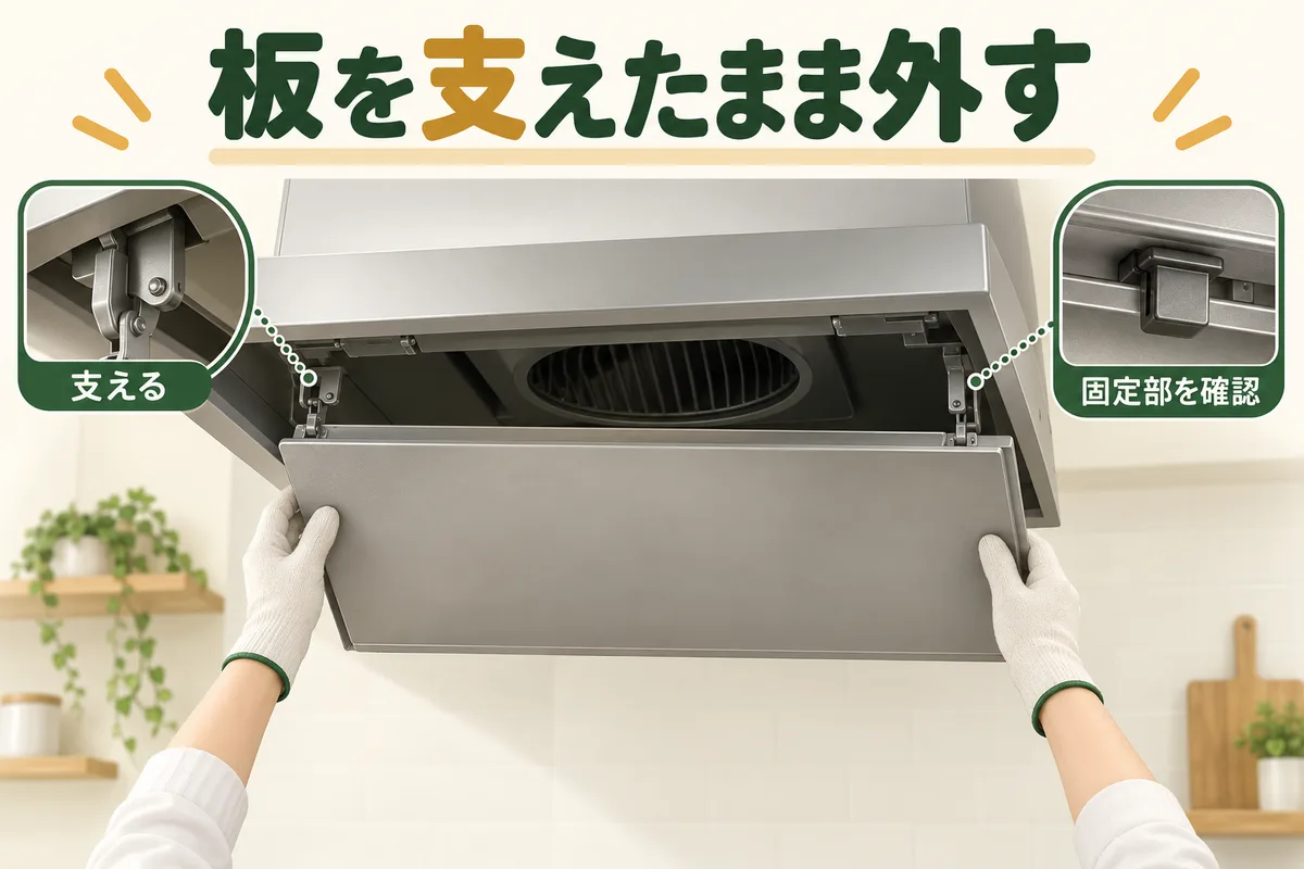両手で支える整流板と、固定具・ヒンジの位置を示す模式図