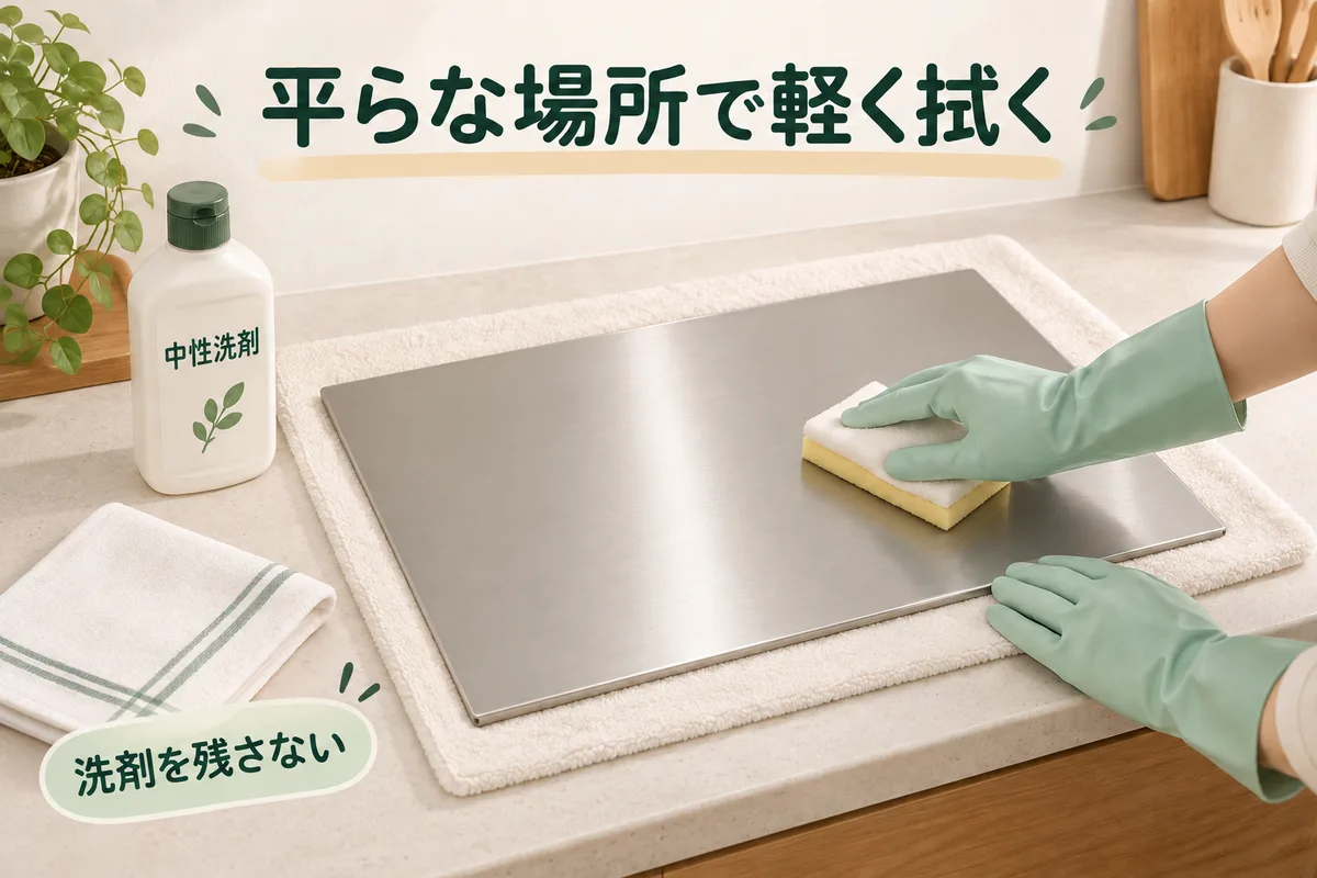 平らな保護布の上で整流板を拭く図