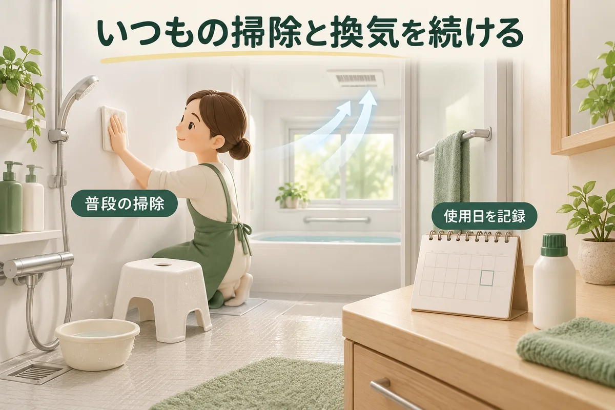 使用日を記録し、普段の掃除と換気を続ける浴室の図