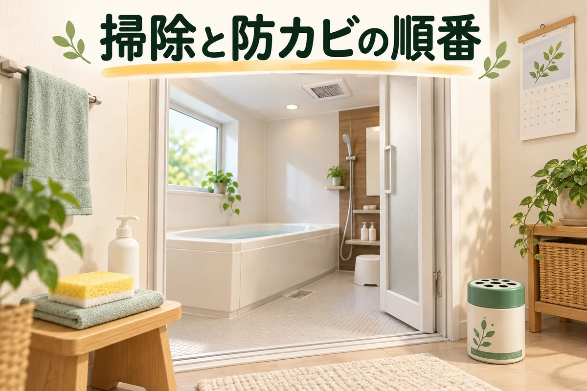 浴室の入口に掃除道具と防カビくん煙剤を並べ、作業の順番を示すイラスト