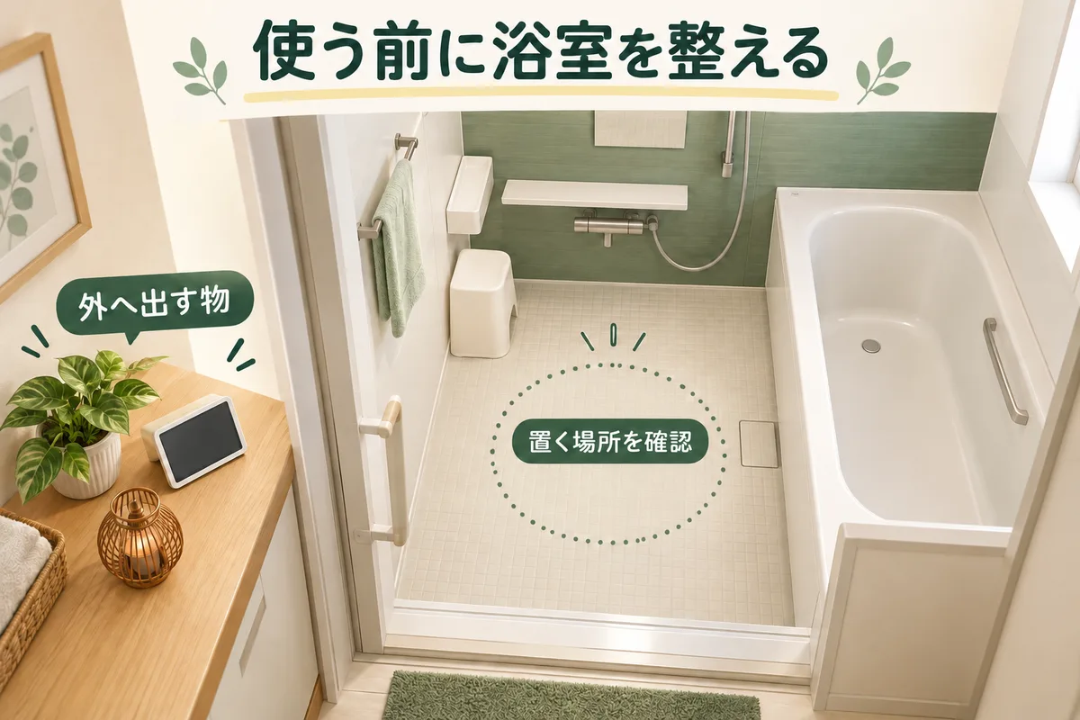 浴室から出す物と残せる小物、床中央の設置場所を示す図