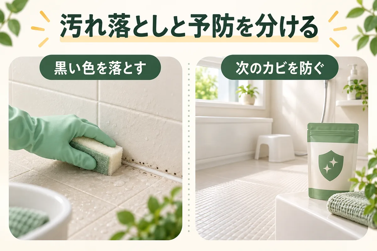 黒い汚れを落とす掃除と、その後の防カビを分けた図