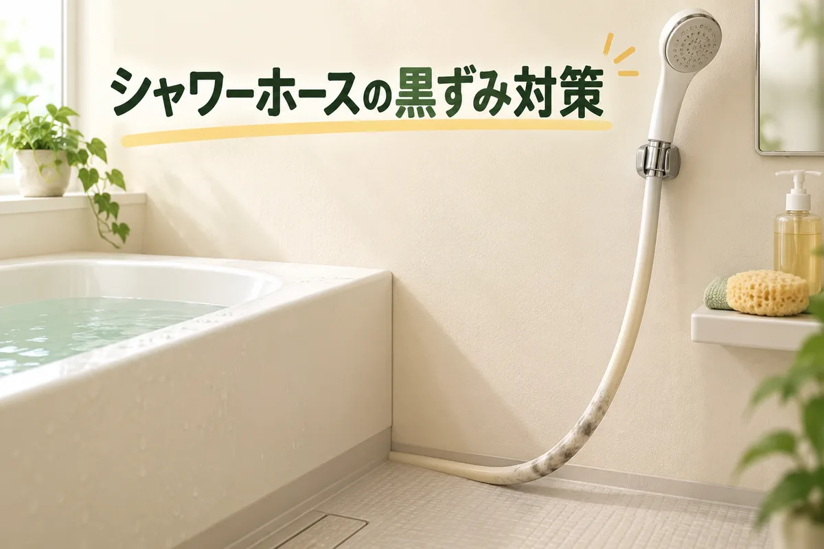 外側に黒ずみがあるシャワーホースと掃除道具を描いたイラスト