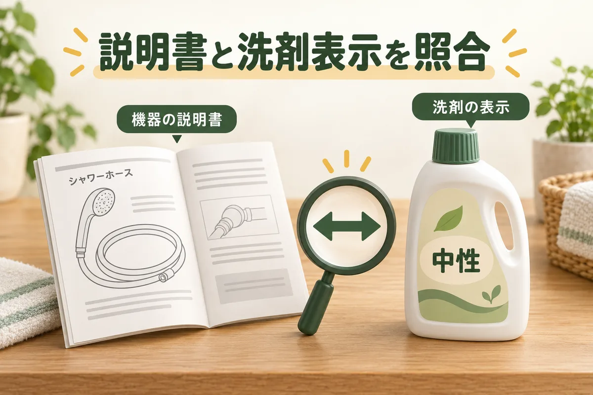 機器の説明書と洗剤ラベルを並べて確認する図
